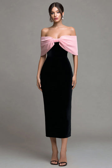 Black and Pink Sheath Off The Shoulder Formal Dress